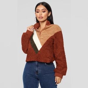 Fashion Nova The Next Movement Pullover Color-block Rust Combo Teddy Sweater L